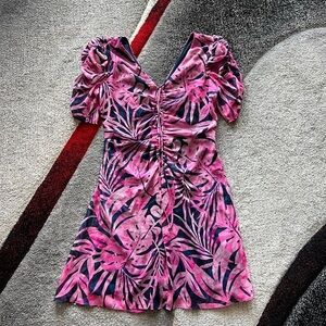 DKNY Pink Leaf Print Ruched Mini Dress
